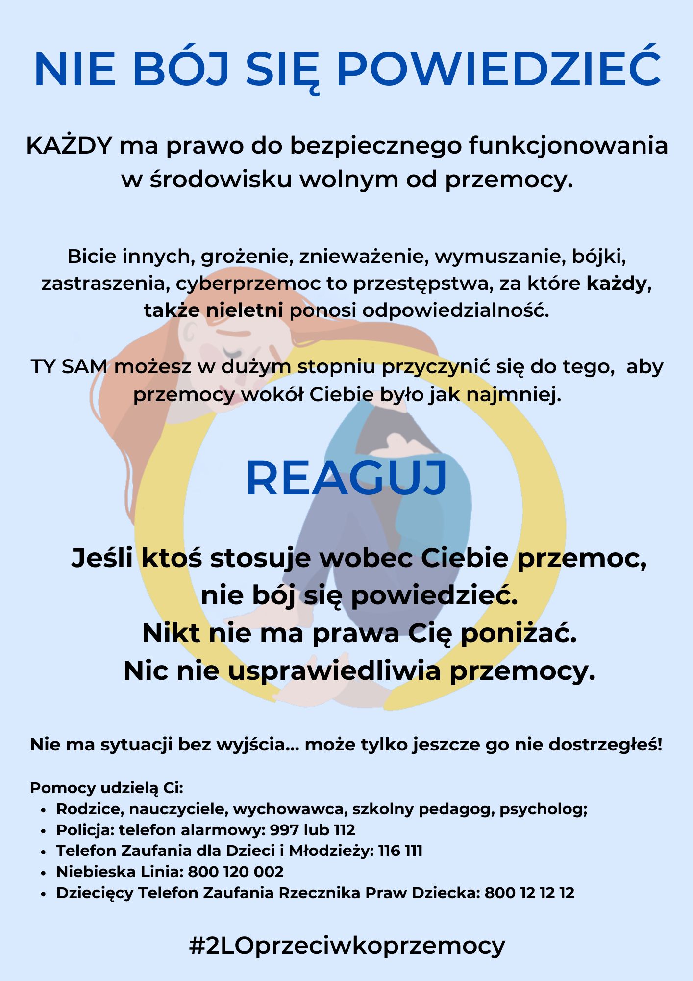 Nie bój się powiedzieć.

Każdy ma prawo do bezpiecznego funkcjonowania w środowisku wolnym od przemocy. Bicie innych, grożenie, znieważenie, wymuszanie, bójki, zastraszenia, cyberprzemoc to przestępstwa, za które każdy, także nieletni ponosi odpowiedzialność. Ty sam możesz w dużym stopniu przyczynić się do tego aby przemocy wokół ciebie było jak najmniej. Reaguj. Jeśli ktoś stosuje wobec Ciebie przemoc, nie bój się powiedzieć. Nikt nie ma prawa Cię poniżać. Nic nie usprawiedliwia przemocy.

Nie ma sytuacji bez wyjścia, może tylko jeszcze go nie dostrzegłeś.

Pomocy udzielą Ci:

Rodzice, nauczyciel, wychowawca, szkolny pedagog, psycholog;

Policja - telefon alarmowy: 997 lub 112

Telefon Zaufania dla Dzieci i Młodzieży: 116 111

„Niebieska Linia”: 800 120 002

Dziecięcy Telefon Zaufania Rzecznika Praw Dziecka: 800 12 12 12

#2LO przeciwko przemocy (303 KB)